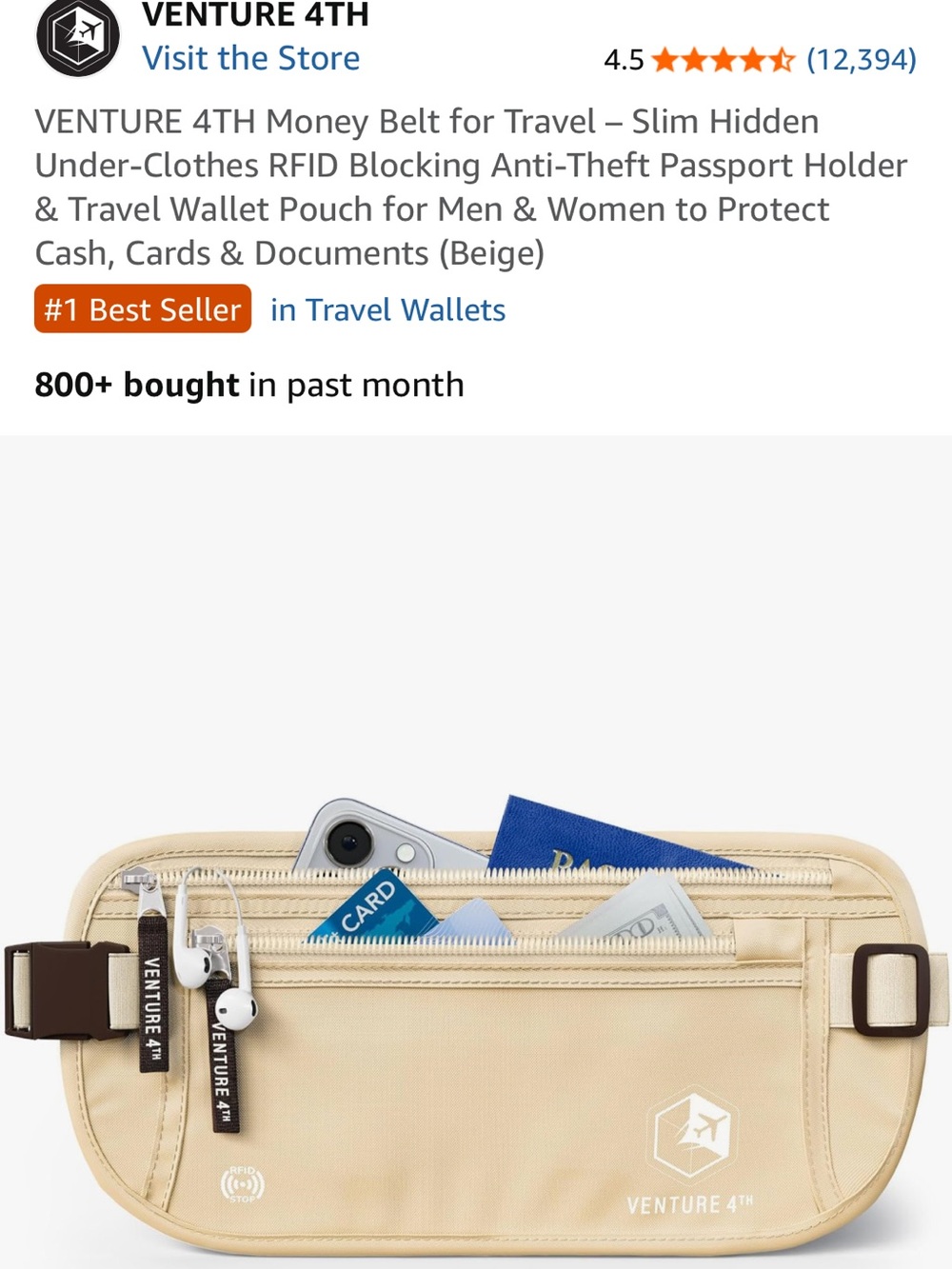VENTURE 4TH Beige Travel Money Belt - Slim RFID Passport Wallet